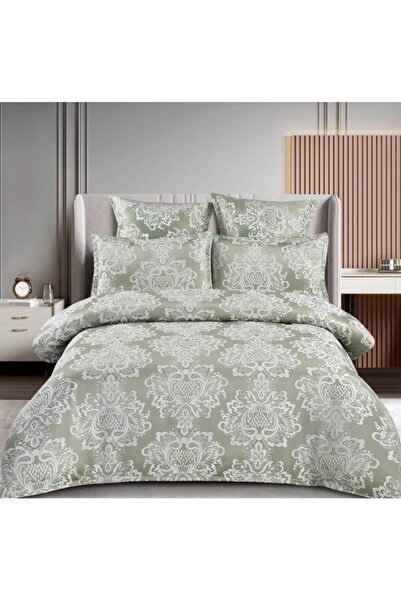 OEM Double bed linen set, elegant, imitation silk, 6 pieces, 180x200cm, duck egg green-white