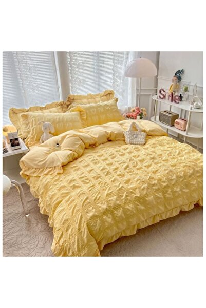 JOJO HOME Double bed linen, Jojo Home, Creponated Cotton, 6 pieces, 2 persons, Uni, 230x250cm, Straw Yellow