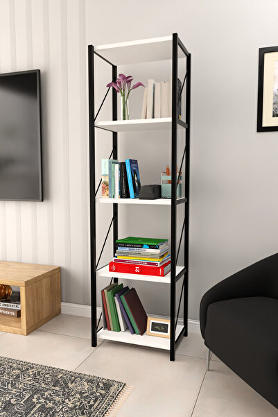 Remaks ORNO 5 RAFLI Kitaplık Kütüphane Hareketli Raflı Dekoratif Kitaplık-BEYAZ