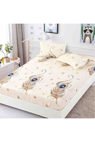 JOJO HOME Double Bed Fitted Sheet with Elastic, Jojo Home, Peacock Feather Print, 3 Pieces, 2 Persons, 180x200