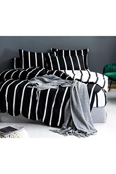 OEM Double Bed Linen Set, 4 Pieces, 240x250cm, Satin Cotton, Animal Stripes, White-Black