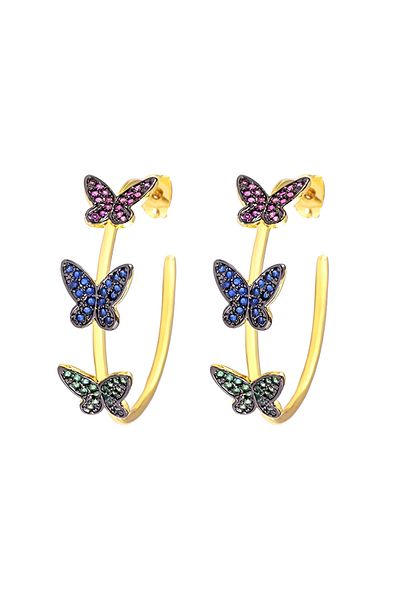 Eva Grace Marely earrings, gold, round, with multicolored butterfly pattern - Boheme Collection