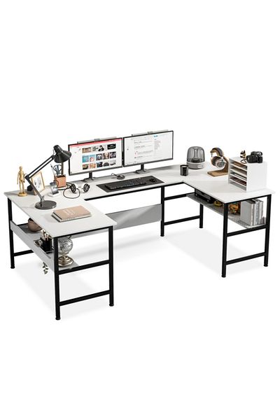 Sheinhome Gaming Table with Bookshelf Layer,U Shaped Computer Desk ,Large Desktop Office Desk