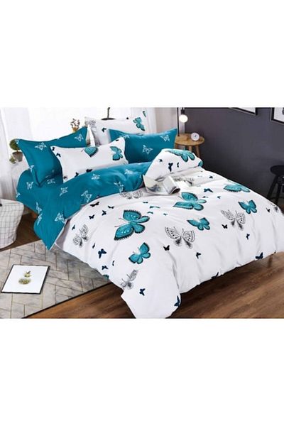 OEM Double Bed Linen Set, Butterfly Print, 4 Pieces, Single Person, 160x210cm, Finet Satin, White-Turquo