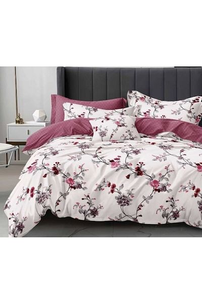 OEM Lenjerie de pat dublu, Finet, 6 piese, 2 persoane, Alb-Plamaniu, 250x230cm