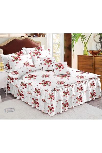 Pucioasa Double Bed Set with Ruffle Sheet, Pucioasa, Finet, 6 Pieces, Rose Bouquet Print, 200x230cm