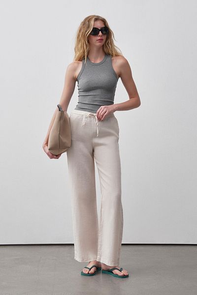 mathilda store Women's Stone Adjustable Waist Linen Palazzo Pants