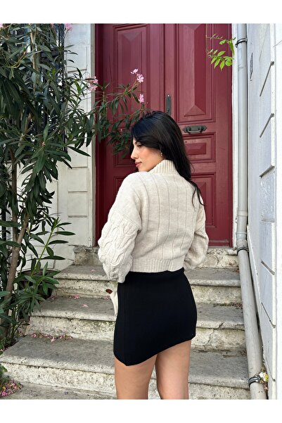 Puella Jacquard Pattern Knit Half Fisherman Balloon Sleeve Crop Sweater