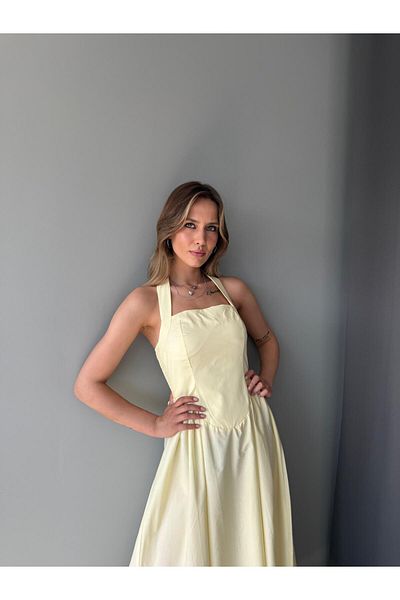 AlisaSu Women's Yellow Linen Halter Neckline Slip Dress