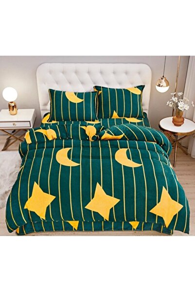 OEM Double bed linen, Cocolino, stars and moon, 4 pieces, 2 persons, 220x230cm, green-yellow