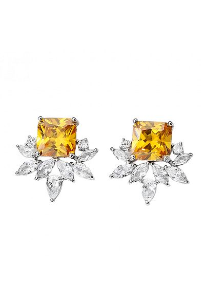 Eva Grace Yessenia earrings, silver, with yellow stone, stud type, decorated with zirconium