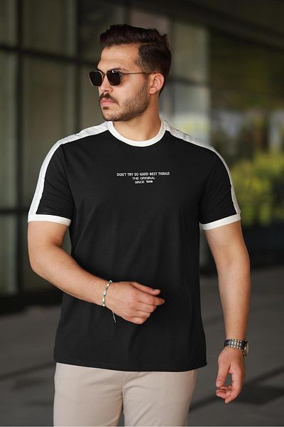 Miron Men's Crew Neck Black and White Stripe Detailed Embroidered 100% Cotton T-Shirt - 2533