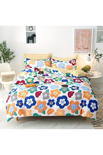 OEM Lenjerie de pat, Bumbac Satinat, 1 persoana, 4 piese, imprimeu Flori Pictate, 155x200cm