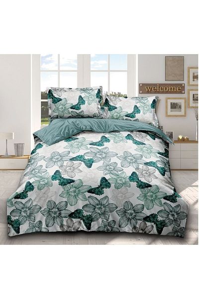 OEM Cearșaf de pat dublu cu elastic, 4 piese, 2 persoane, 180x200cm, imprimeu cu fluturi finet, verde