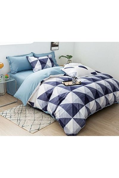 OEM Double Bed Linen with Two Faces, Geometric Shapes Print, 4 Pieces, 2 Persons, 180x200cm, Satin Cotto