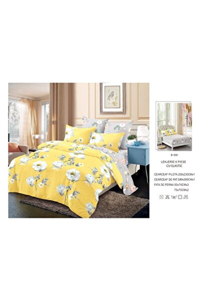 OEM Double Bed Set, Elastic Sheet, Finet, 6 Pieces, 2 Persons, Floral Print, 180x200cm, Yellow-Grey