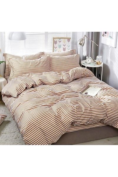 OEM Double Bed Linen, 4 Pieces, 2 Persons, 240x250cm, Cotton Satin, Striped Print, White-Brown