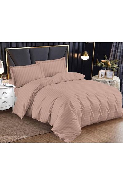 OEM Double Bed Linen Set, Elastic Fitted Sheet, Damask, 4 Pieces, Uni, 180x200cm, Coffee with Milk