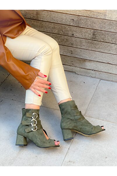 BERFONA Ellas Khaki Suede Suet Buckle 5 cm Heel Sandals Summer Boots