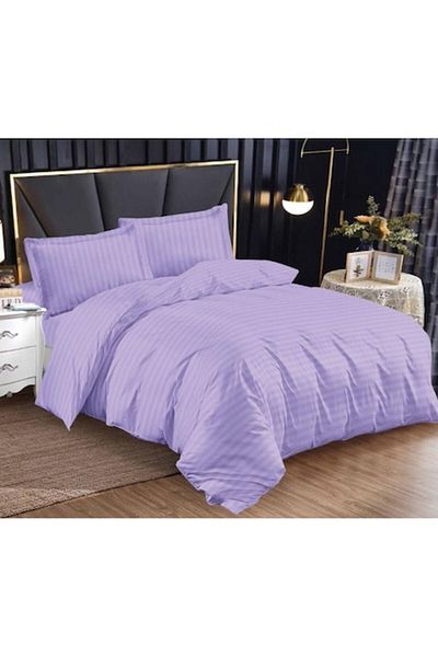 OEM Set lenjerie de pat dublu, cearșaf elastic, damasc, 4 piese, uni, 180x200cm, lila