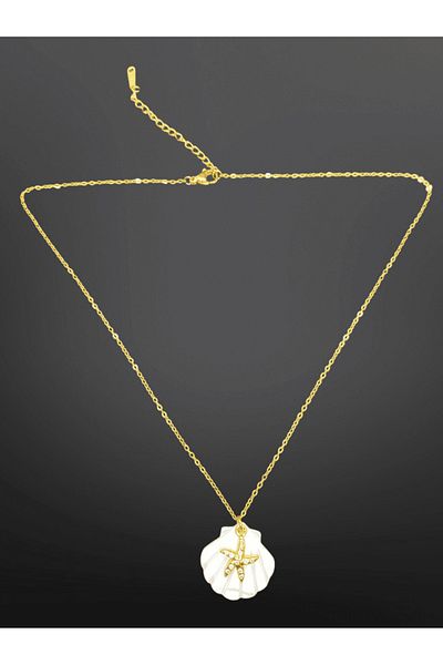 FM Gold Color Chain Mussel and Starfish with Stones 316L Steel Necklace – Summer Themed Elegant Jewelry