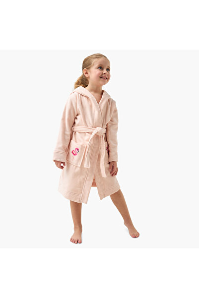 Juniors رداء حمام تيري بغطاء رأس مطرز بنقشة طائر الفلامنجو مع جيوب