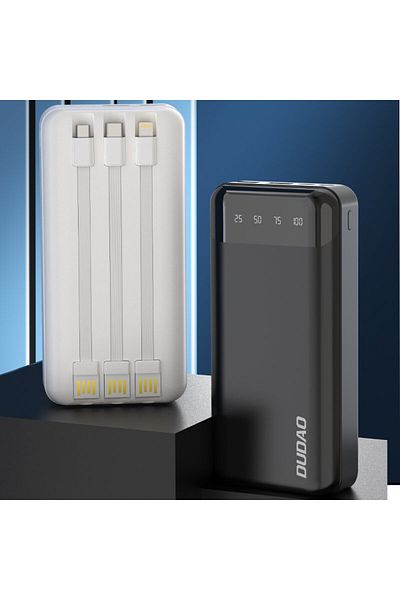 DUDAO Pojemny powerbank 20000mAh z 3 wbudowanymi kablami USB-C microUSB Lightning biały