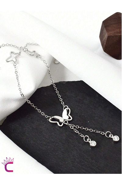 Cinderella Stainless Titanium Steel Butterfly Crystal Silver Chain Anklet - Sea Beach Foot Jewelry Bracelet