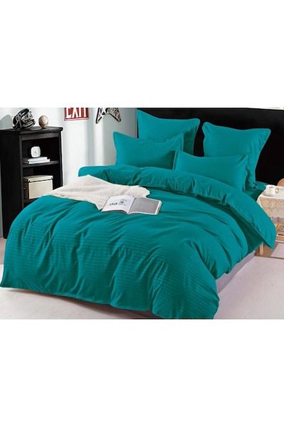 OEM Set de lenjerie de pat dublă, Sonia-Home, model damasc fin, uni, 6 piese, 2 persoane, 220x240cm, turcoaz