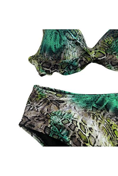 hazelin Women's Green Leopard Patterned Lined Plus Size Bikini Set Hzl25S-Lc25006