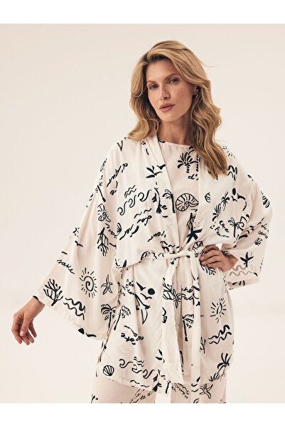 ESOTIQ Women's Beach Robe Kimono Mini Tunic Viscose Coastal Print Lightweight | Azzurro