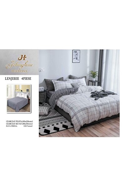 OEM Double Bed Linen, Satin Cotton, 4 Pieces, 2 Persons, 240x250cm, Striped Pattern, White-Grey