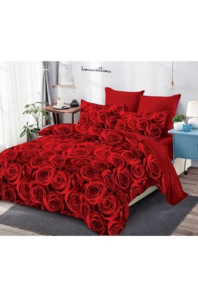OEM Lenjerie de Pat, Finet, 4 piese, 1 persoana, 160x200cm, Imprimeu Trandafiri, Rosu