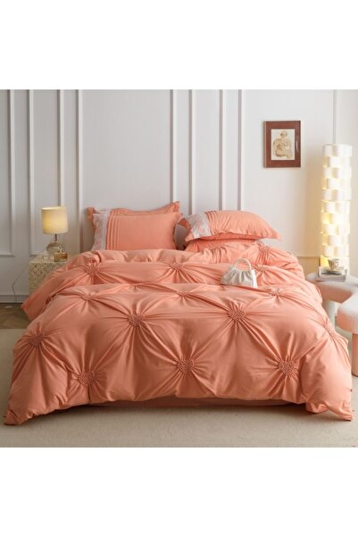JOJO HOME Double Bed Linen Set, Jojo Home, Uni, Embroidered Heart Pattern, 6 Pieces, Finet, 230x250cm, Coral