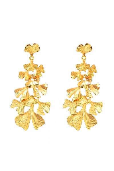Eva Grace Carmella long gold stainless steel earrings with ginkgo leaf pattern