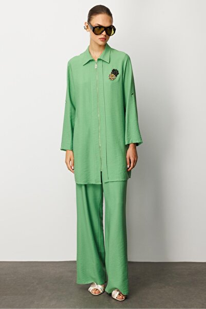 Moda İlgi Modailgi Fermuar Kapamalı Aksesuar Detaylı Safari Kol Tunik Yeşil