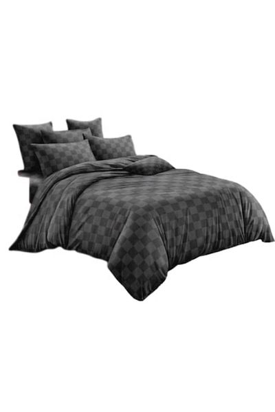 OEM Lenjerie de pat, 6 piese, 2 persoane, 180x200cm, Finet, Carouri, Negru
