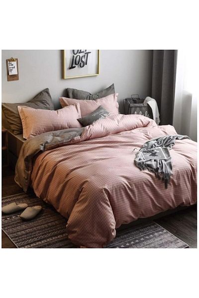OEM Bed Linen Set, Elastic Sheet, Satin Cotton, 2 Persons, 4 Pieces, 180x200cm, Gray-Pink
