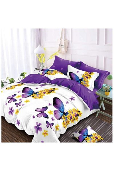 OEM Lenjerie pat dublu, 4 piese, 2 persoane, 240x250cm, Bumbac Satinat, Imprimeu Fluturi, Multicolor