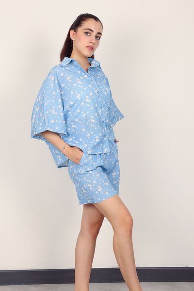 Stil Sepeti Cămașă oversize cu model albastru pentru femei, set de mini pantaloni scurți cu pliuri duble TL-10005840100