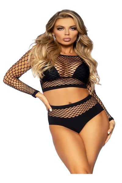 Leg Avenue - Set, bustieră și pantaloni scurți, plasă neagră, mărimea S-L