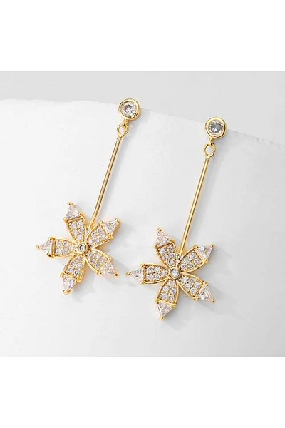 Eva Grace Octavia earrings, long, golden, flower-shaped, decorated with zirconia