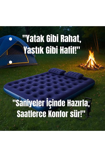 SMAYLİNG Portable Double Inflatable Mattress + Pump – 203X152X22 cm Camping & Guest Use