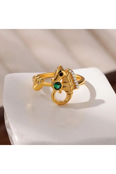 Eva Grace Astrid ring, gold, with zirconia, seahorse shape, stainless steel, adjustable