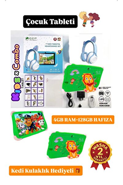 WASHA 7.0' HD Ekran KIDS TABLET 4 GB Ram+ 128 GB Hafıza Kulaklık Hediyeli Tablet Çocuk Tableti Set