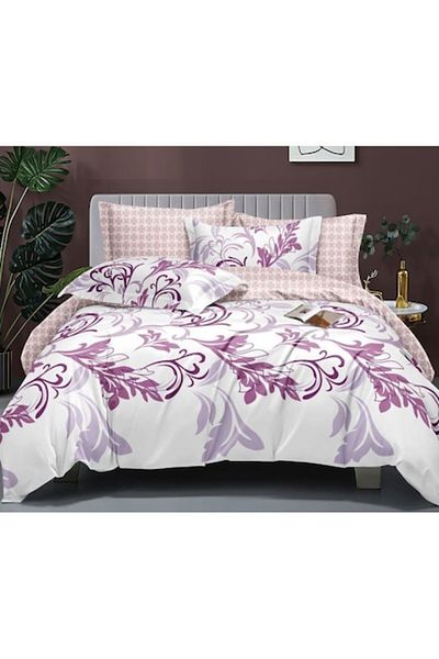 OEM Double Bed Linen, Satin Cotton, 4 Pieces, Print White-Lilac, 200x230cm