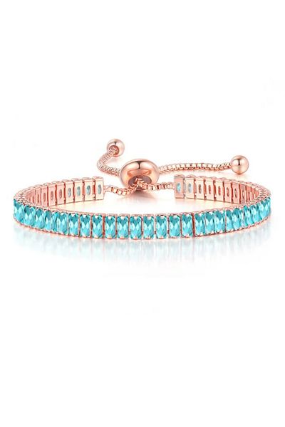 Eva Grace Reese tennis bracelet, rose gold, with rectangular blue zirconia stones, adjustable