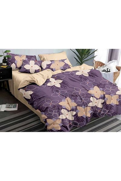 Pucioasa Set Lenjerie de Pat Dublu, Pucioasa, Finet, 6 Piese, Imprimeu Floral, 245x250cm, Bej-Mov
