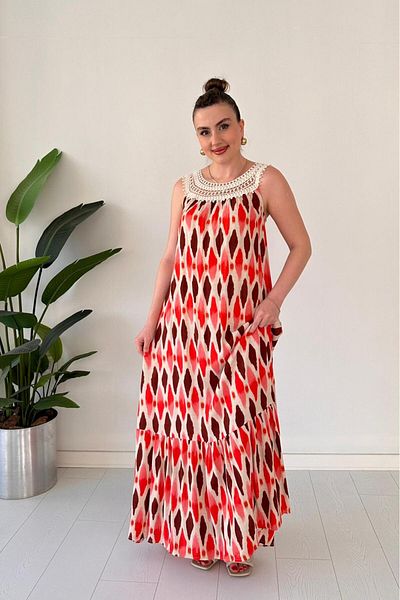 MaziButik Lace Collar Patterned Dress Orange