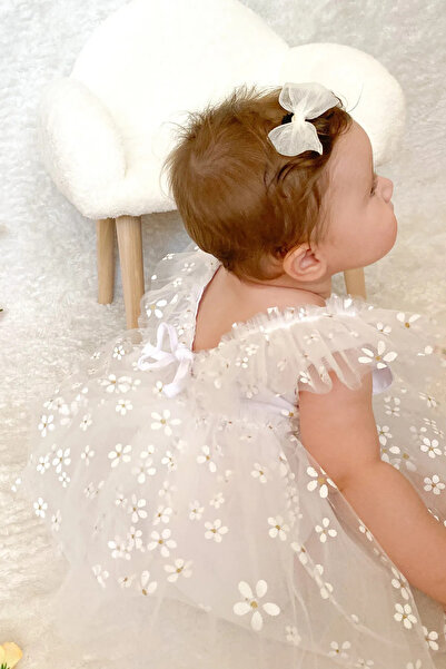 ALYRA Kız Bebek Romper Elbise Papatyalı Sırt Detaylı Pamuklu Özel Gün Parti Düğün Doğum Günü Çocuk Elbise